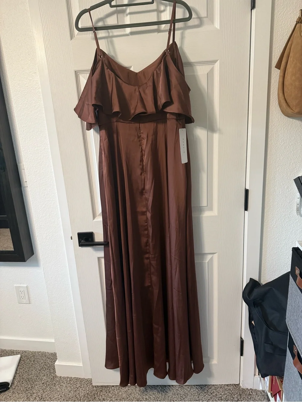 NWT Azazie Jean Bridesmaid Dress Espresso Stretch Satin Off-Shoulder Gown A10